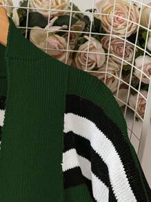 SHEIN LUNE 大码撞色条纹休闲开衫，秋冬 - 墨綠色 - 查看 4