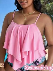 Swim Lushoire Summer Beach Plus Hanky Hem Tankini Top - Pink - View 3