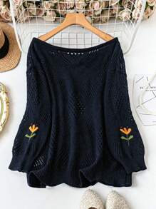 SHEIN LUNE Women Plus Size Floral Pattern Casual Everyday Pullover Sweater Knit Pullover Fall Winter Sweater - Navy Blue - View 2