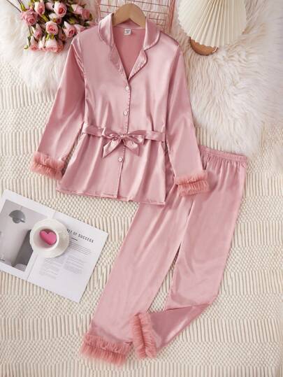 女孩莲根粉纯色真丝荷叶边领长袖睡衣套装带长裤，时尚家居服
