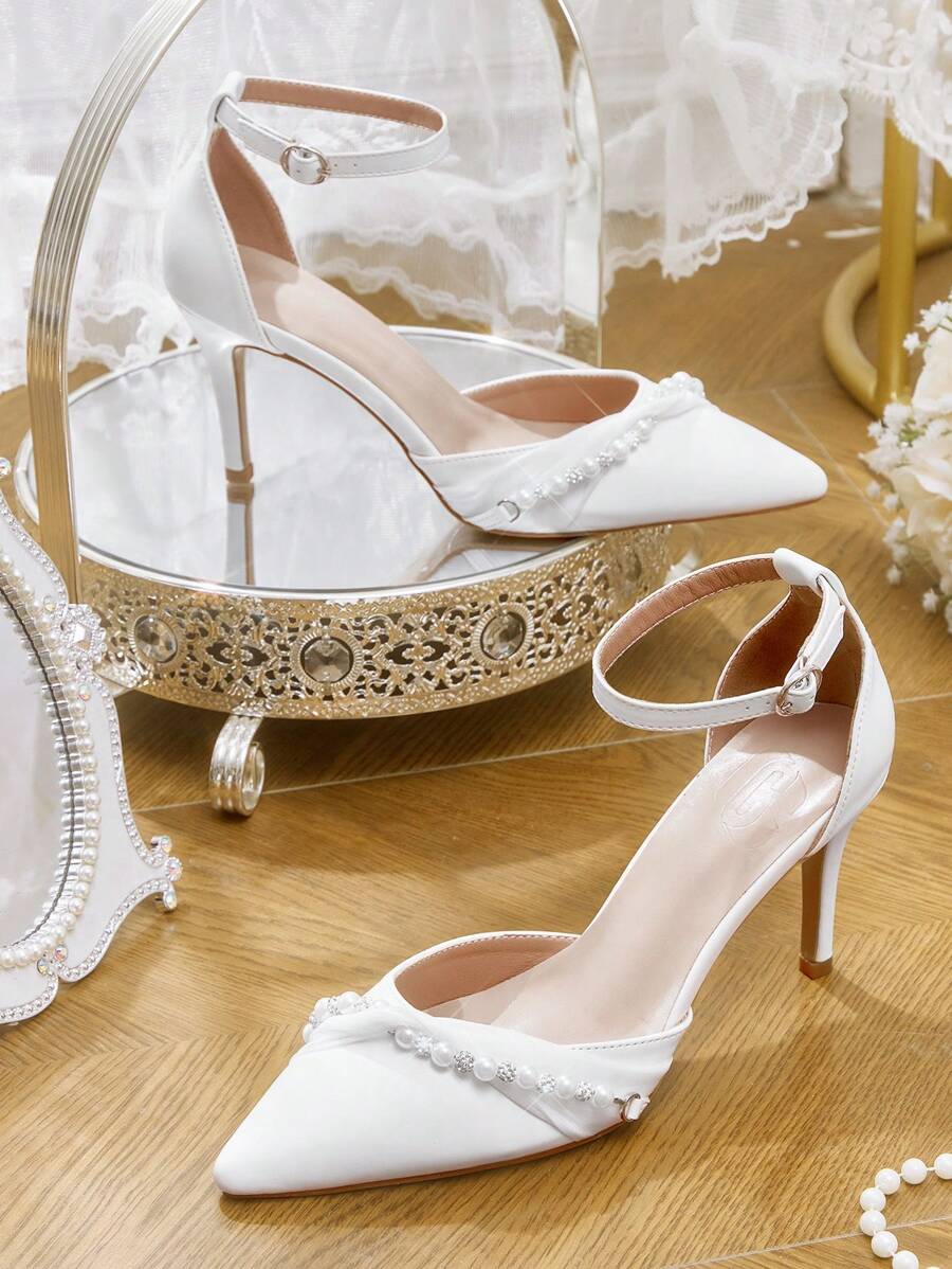 CUCCOO HITCHD Women's Pointed Toe High Heel Hollow Lace Faux Pearl Buckle White Wedding Party Dress Pumps Spring Shoes Spring Break Easter Prom Heels - White - View 1
