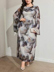 Modelyn Plus Size Women Tie-Dye Print Ruched Flare Sleeve Elegant Dress - Multicolor - View 1