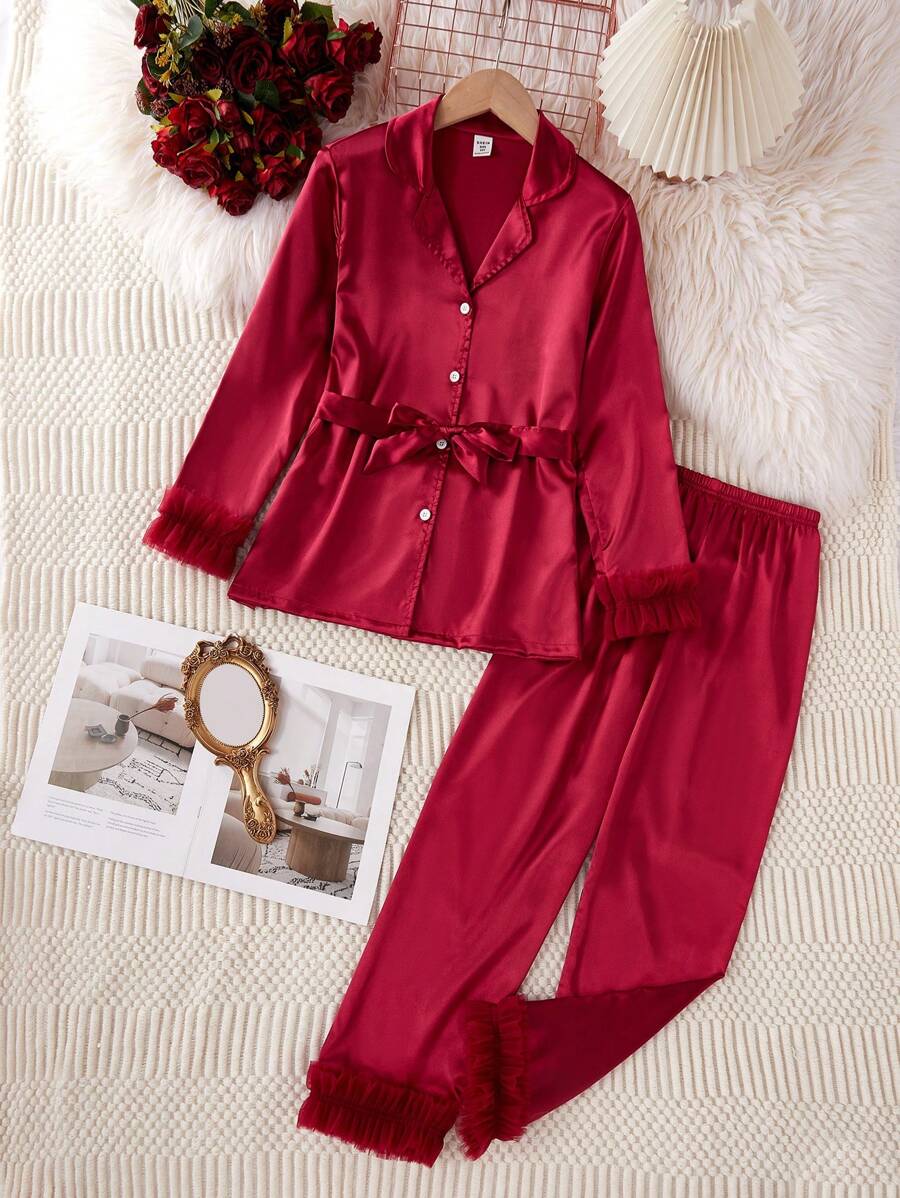 Flickor Vinröd Solid Silk Trim krage Långärmad topp och byxor Mode nattkläder/lounge set - Bourgogne - Visa 1