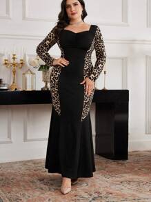 Modelyn Plus Size Elegant Leopard Print Patchwork Fishtail Bodycon Dress Fall - Multicolor - View 5