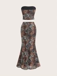 Muchica 2pcs Leopard Print Mesh Crop Top & Long Skirt Set For Women - Black - View 2