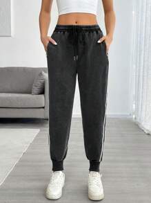 SHEIN EZwear Women's Autumn/Winter New Vintage Contrast Color Knit Harem Sweatpants - Black - View 6