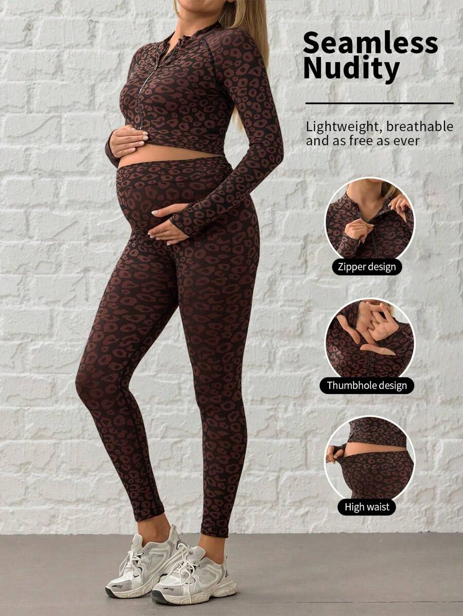 SHEIN Maternity Leopard Print Cropped Sports Jacket + Pants Set