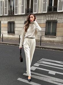 Pariaura Women High Neck Extra Long Sleeve Pullover Sweater Knit Pullover Fall Winter Outfit