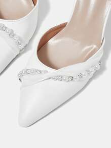 CUCCOO HITCHD Women's Pointed Toe High Heel Hollow Lace Faux Pearl Buckle White Wedding Party Dress Pumps Spring Shoes Spring Break Easter Prom Heels - White - View 6