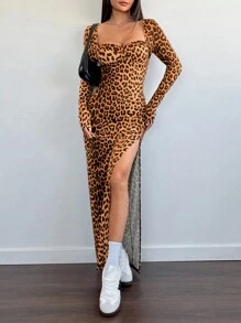 Flirla Luipaardprint vierkante hals lange mouw split zoom jurk, herfst/winter casual dagelijkse outfit