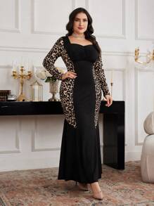 Modelyn Plus Size Elegant Leopard Print Patchwork Fishtail Bodycon Dress Fall - Multicolor - View 8