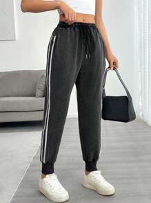 SHEIN EZwear Women's Autumn/Winter New Vintage Contrast Color Knit Harem Sweatpants - Black - View 1