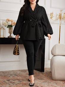 Modelyn Áo khoác blazer mỏng ve kẻ sọc thanh lịch tay đèn lồng cỡ lớn cho nữ mùa thu - màu đen - Xem 5