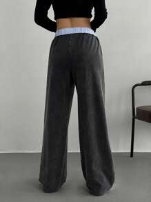 SHEIN EZwear 女款新款罗纹腰拼接条纹长裤 - 黑色 - 查看 2