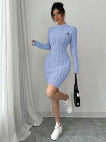Elenzga Autumn/Winter Casual Letter Embroidery Fitted Sweater Dress
