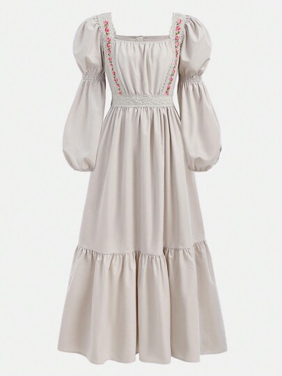 SHEIN Teen Girl Lace Embroidered Decor Lantern Sleeve Woven Dress