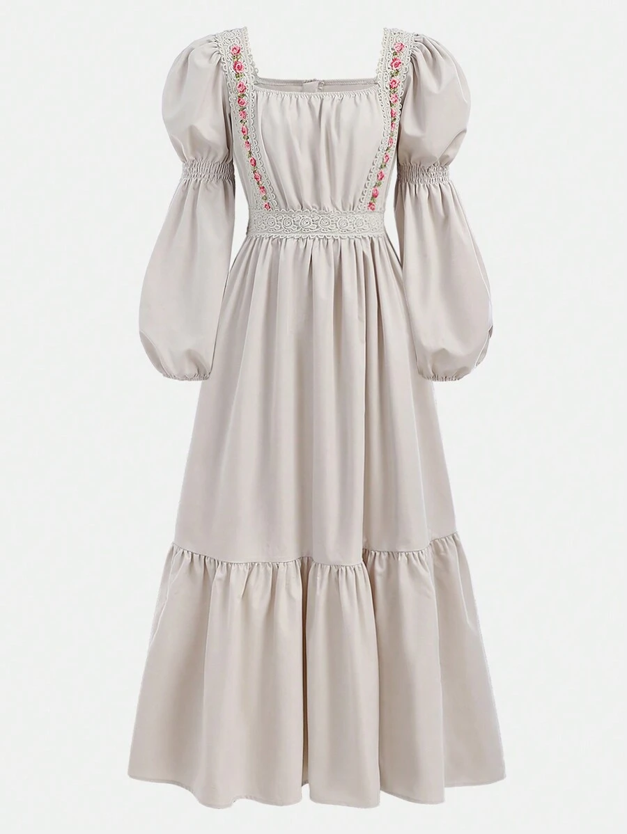 SHEIN Teen Girl Lace Embroidered Decor Lantern Sleeve Woven Dress - Light Grey - View 1