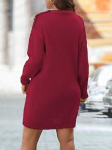 SHEIN LUNE Plus Size Women Round Neck Drop Shoulder Long Sleeve Solid Color Casual Sweater Dress, For Autumn/Winter - Burgundy - View 2