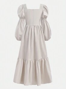 SHEIN Teen Girl Lace Embroidered Decor Lantern Sleeve Woven Dress - Light Grey - View 2