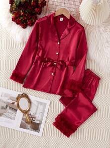 Flickor Vinröd Solid Silk Trim krage Långärmad topp och byxor Mode nattkläder/lounge set - Bourgogne - Visa 7