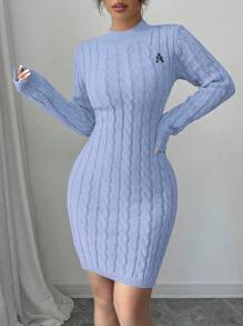 Elenzga Autumn/Winter Casual Letter Embroidery Fitted Sweater Dress