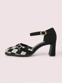 CUCCOO DOLLMOD Tacones de plataforma elegantes y dulces con patrones geométricos, correas de contraste de colores, puntera redonda y tacón grueso alto para mujer, para citas, tarde de té - Blanco y Negro - Ver 10
