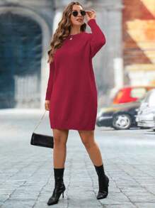 SHEIN LUNE Plus Size Women Round Neck Drop Shoulder Long Sleeve Solid Color Casual Sweater Dress, For Autumn/Winter - Burgundy - View 4