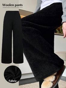 SHEIN LUNE Plus Size Women Casual Solid Color Straight Leg Warm Pants For Winter - Black - View 1