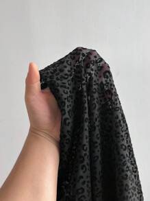 Flirla Women's Sexy Sheer Party Top With Flocked Leopard Print & Ruffle Trim, Black Long Sleeve (Randomly Cut)