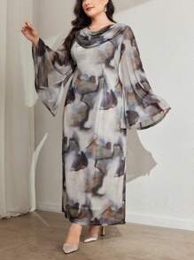 Modelyn Plus Size Women Tie-Dye Print Ruched Flare Sleeve Elegant Dress - Multicolor - View 6