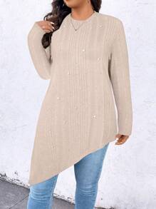 SHEIN LUNE Plus Size Solid Color Long Sleeve Tee, Casual & Fashionable For Daily Wear - Apricot - View 3