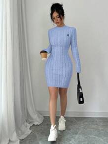 Elenzga Autumn/Winter Casual Letter Embroidery Fitted Sweater Dress