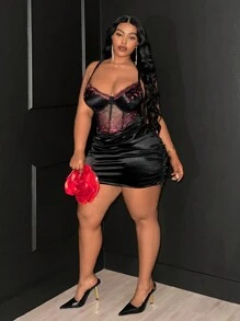 Maweii 大码女装春夏新年黑色蕾丝性感镂空系带前卫法式休闲年轻时尚弹力针织百搭舒适打底连衣裙，性感正式礼服，性感社交活动/假日装扮，黑色连体衣，正式礼服，年轻优雅性感拼接性感上衣，性感社交活动/假日装扮，黑色上衣，黑色连体裤，黑色连体衣，精致透明露肩修身纯色 - 黑色 - 查看 5