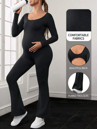 SHEIN Maternity Solid Color Round Neck Long Sleeve Casual T-Shirt And Sports Jumpsuit
