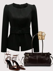 SHEIN Clasi Plus Size Elegant Solid Color Puff Sleeve Blazer, Autumn - Black - View 1