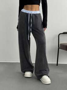 SHEIN EZwear 女款新款罗纹腰拼接条纹长裤 - 黑色 - 查看 6