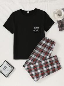 SHEIN 2 Pieces Set: Casual Comfortable Black Pocket Tee & Red Plaid Long Pants, Loungewear For Teen Boys - Multicolor - View 1