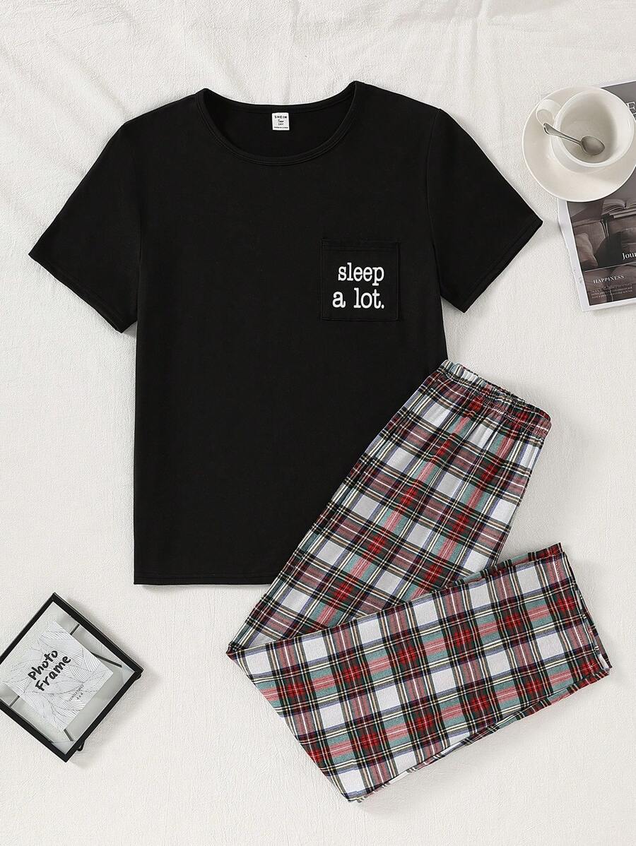 SHEIN 2 Pieces Set: Casual Comfortable Black Pocket Tee & Red Plaid Long Pants, Loungewear For Teen Boys - Multicolor - View 1