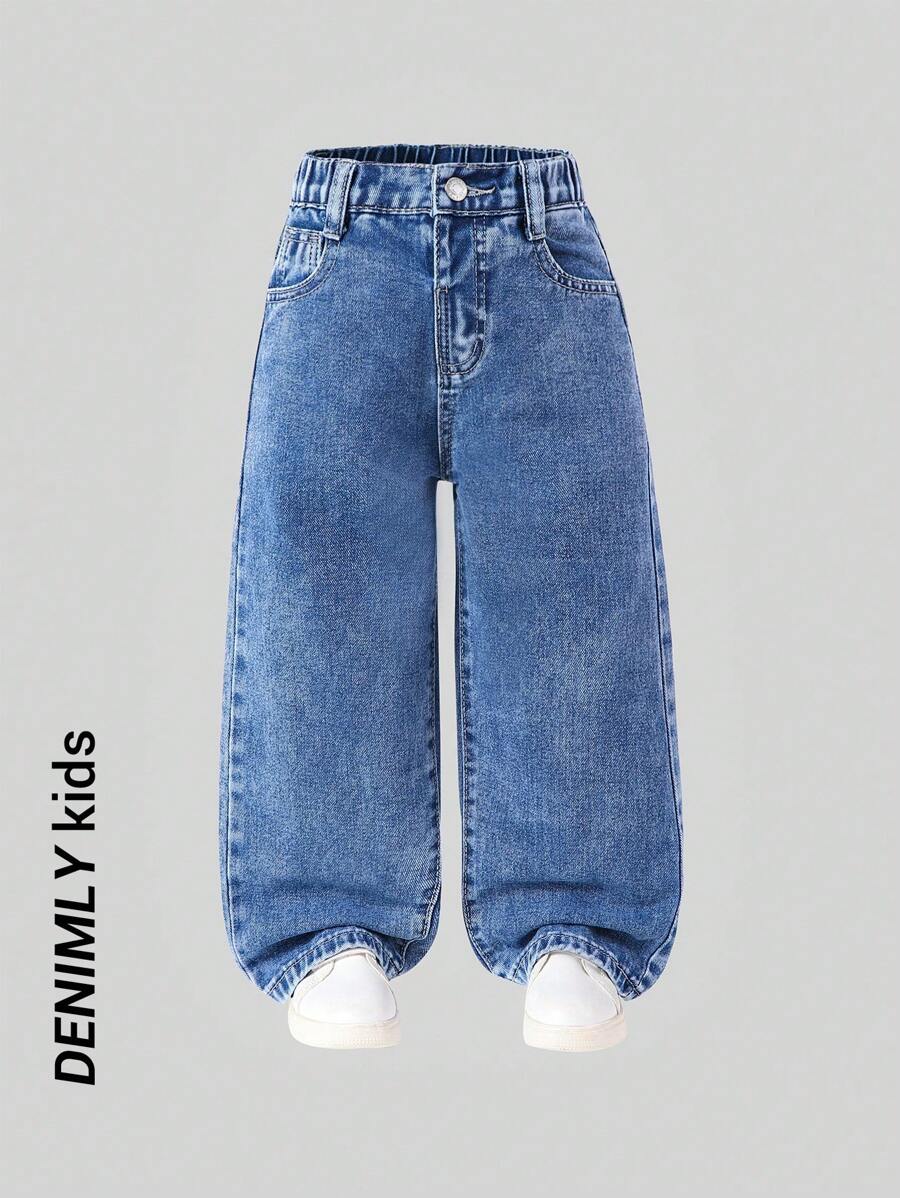 SHEIN 年轻女孩 Y2K 街头日常松紧腰直筒牛仔裤，配有扁平口袋，女孩日常 OOTD 服装 - 深色水洗藍 - 查看 1