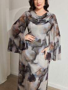 Modelyn Plus Size Women Tie-Dye Print Ruched Flare Sleeve Elegant Dress - Multicolor - View 5