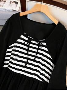 SHEIN LUNE Plus Size Casual Striped Patchwork Long Sleeve Dress Maxi Women Outfit