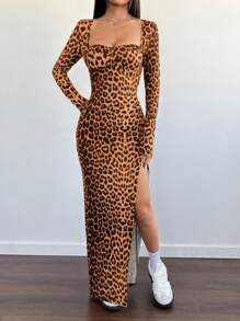 Flirla Luipaardprint vierkante hals lange mouw split zoom jurk, herfst/winter casual dagelijkse outfit