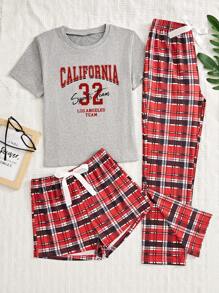 3pcs Set Teenager Girls Classic Red Plaid Shorts, Pants & Short Sleeve Home Outfit - Light Grey - View 5