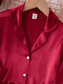 Flickor Vinröd Solid Silk Trim krage Långärmad topp och byxor Mode nattkläder/lounge set - Bourgogne - Visa 5