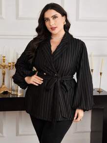 Modelyn Áo khoác blazer mỏng ve kẻ sọc thanh lịch tay đèn lồng cỡ lớn cho nữ mùa thu - màu đen - Xem 1