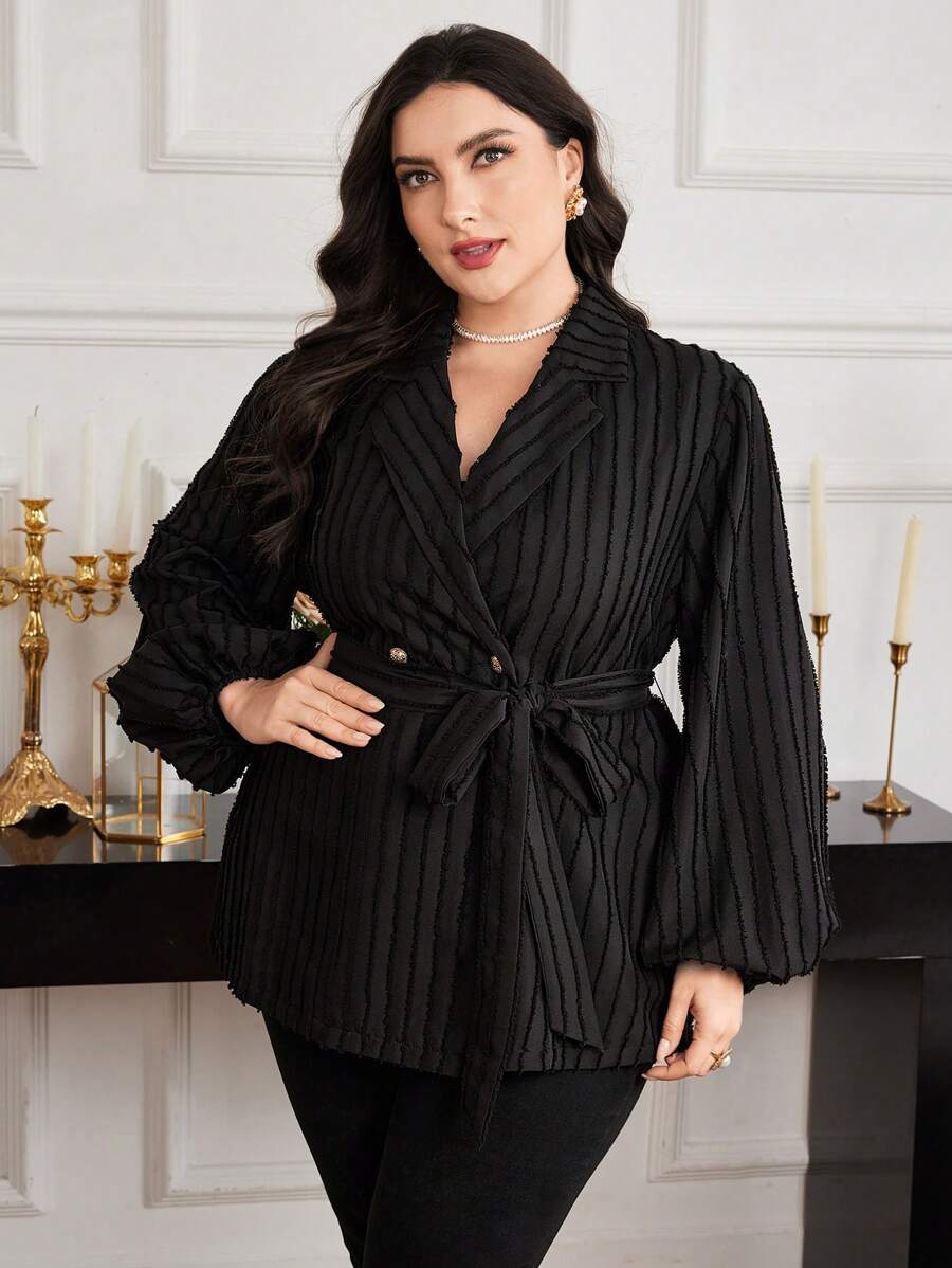 Modelyn Áo khoác blazer mỏng ve kẻ sọc thanh lịch tay đèn lồng cỡ lớn cho nữ mùa thu - màu đen - Xem 1