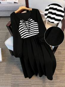 SHEIN LUNE Plus Size Casual Striped Patchwork Long Sleeve Dress Maxi Women Outfit