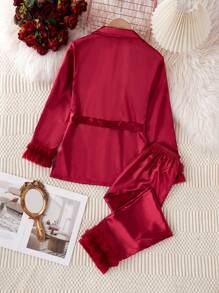 Flickor Vinröd Solid Silk Trim krage Långärmad topp och byxor Mode nattkläder/lounge set - Bourgogne - Visa 2