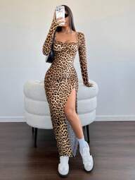 SHEIN Unity Robe à manches longues, encolure carrée, ourlet fendu, imprimé léopard. Tenue décontractée quotidienne pour l'automne/hiver
