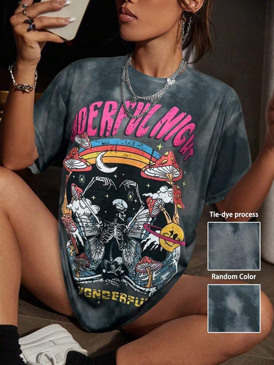 SHEIN Unity Summer Short Sleeve Tie Dye T-Shirt With Skull, Butterfly, Mushroom And Letter Print Graphic Tees Women Tops - Multicolor - View 1